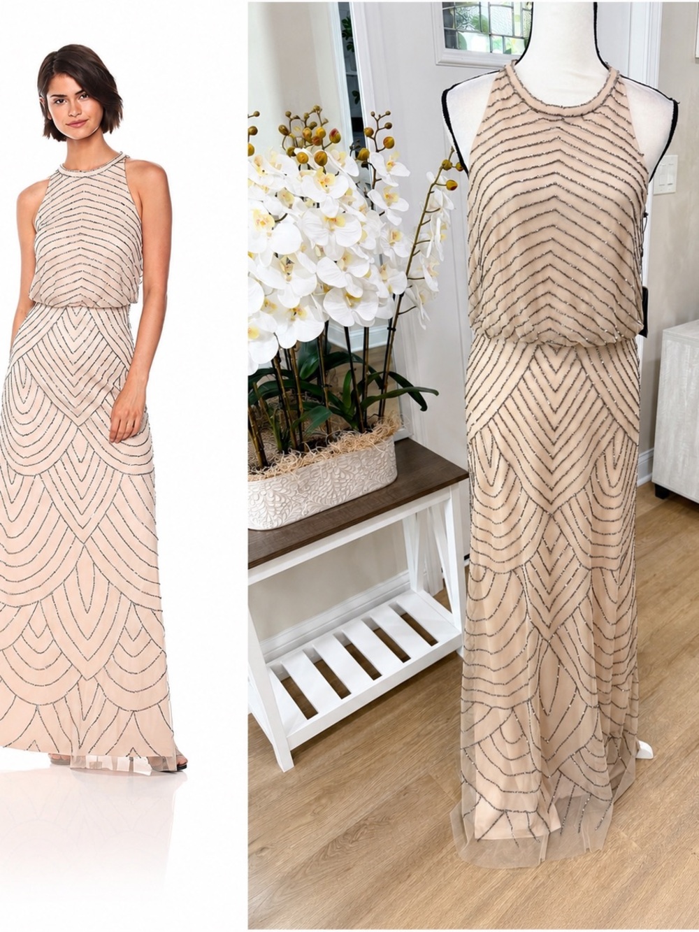 Adrianna Papell Halter Art Deco Beaded Blouson Gown Nude Geometric Sz.10